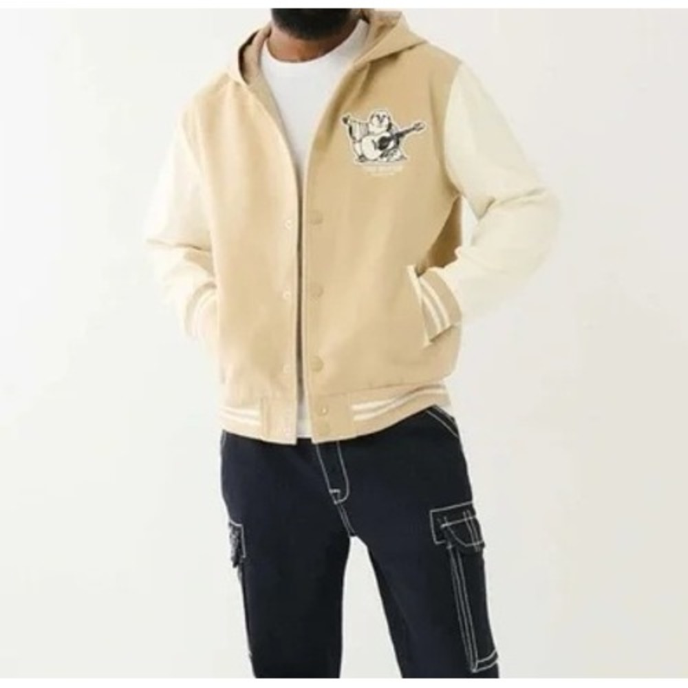 True Religion Mens Two Toned Varsity Jacket Travertine Tan White Hooded XL